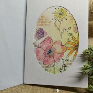 White linen textured Blank Greeting Card with Watercolour Flowers and Brick Wall Design (Pink flower)