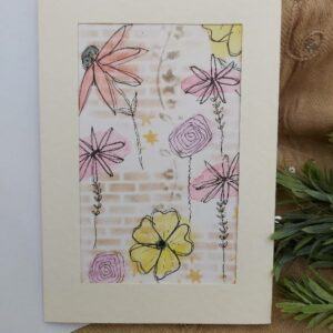 Cream textured Blank Greeting Card with Watercolour Flowers and Brick Wall Design (Multi flowers)