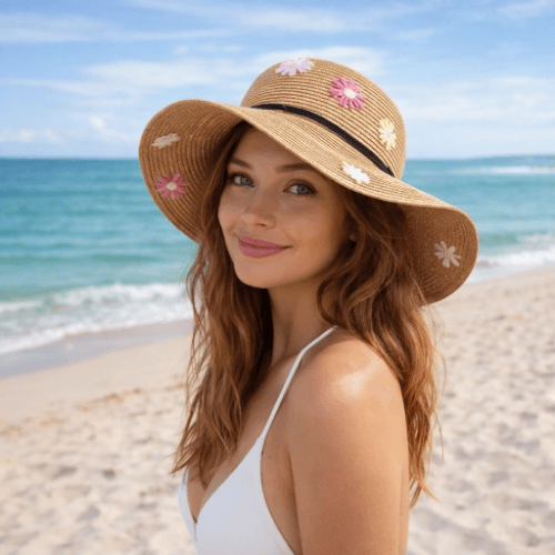 Hand embroidered Floral Faux Straw Hat, ladies headwear - Image 3