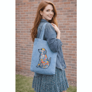 Puppy Dog Floral Tote Bag, Hand embroidered