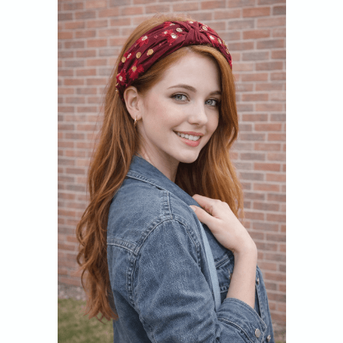 Burgundy Satin Headband with Hand embroidered Roses, Flowers and Sequins