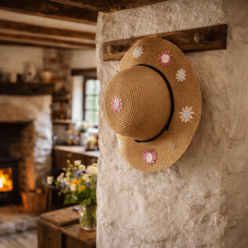 Hand embroidered Floral Faux Straw Hat, ladies headwear - Image 5