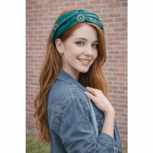 Emerald Green Satin Headband , hand embroidered and embellished