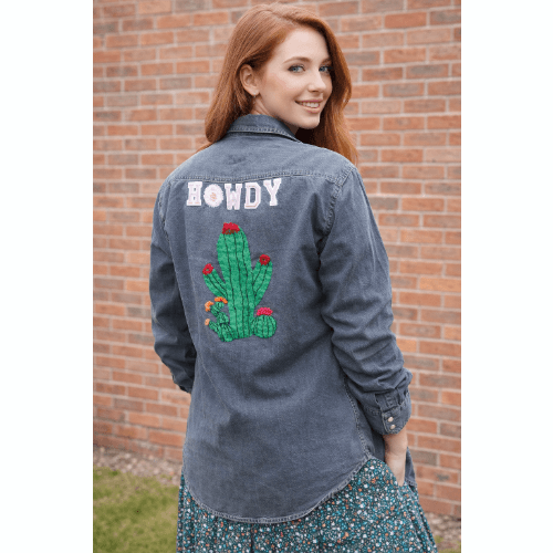 Customised Cowboy Shirt, with Cacti and Flowers, Size 12/14