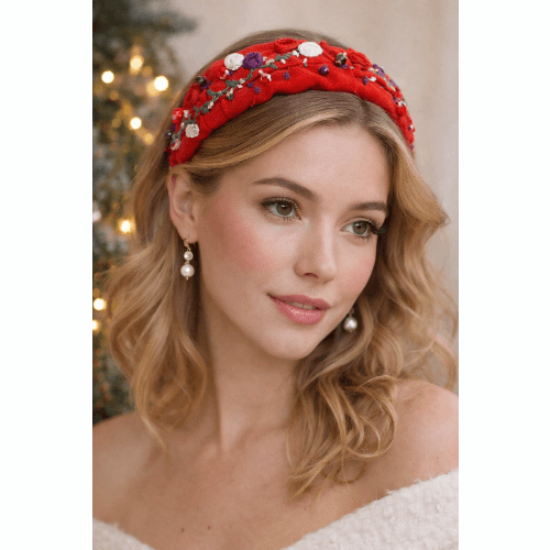 Red Headband with roses, leaves and beads, Hand embroidered