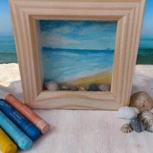 Hand-Drawn Coastal Scene Pine Box Frame with Real Shells