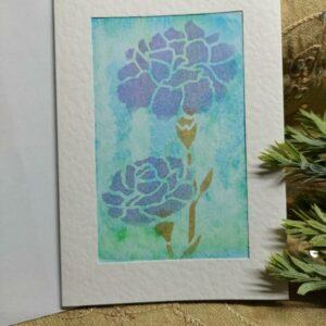 White textured Blank Greeting Card with Watercolour background and stencilled Flower (blue floral)