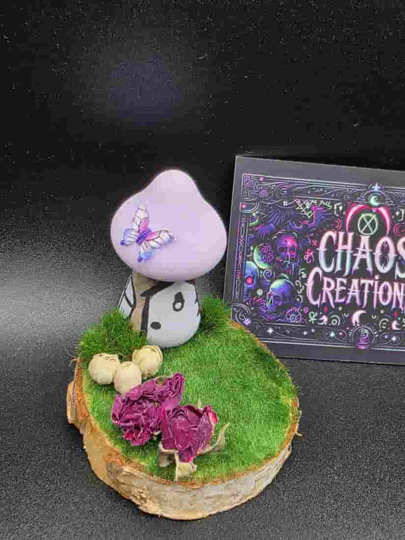 Hand Painted Purple Mushroom with Dried Flowers and Green Grass