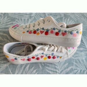Hand embroidered and decorated Floral Canvas Pumps, with rainbow, Size 7