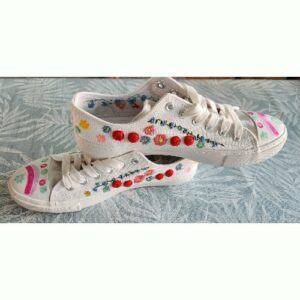 Hand embroidered and decorated Floral Canvas Pumps, with rainbow, Size 7