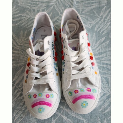 Hand embroidered and decorated Floral Canvas Pumps, with rainbow, Size 7 - Image 3
