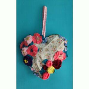 Large Hanging Heart covered with pretty fabric and handmade felt flowers