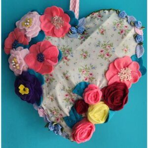 Large Hanging Heart covered with pretty fabric and handmade felt flowers