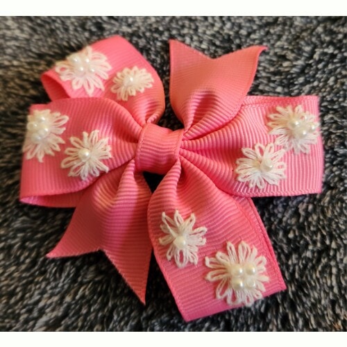 Pretty Pink Bow Hair Clip, hand embroidered with daisies and embellished with tiny faux pearls - Image 5