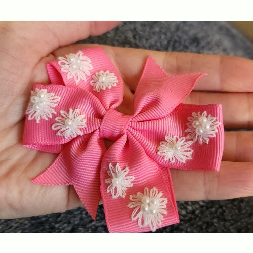 Pretty Pink Bow Hair Clip, hand embroidered with daisies and embellished with tiny faux pearls - Image 2