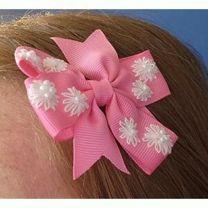 Pretty Pink Bow Hair Clip, hand embroidered with daisies and embellished with tiny faux pearls