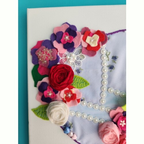 Heart Canvas Wall Art, with embroidery, pretty fabric, felt flowers and embellishments - Image 3