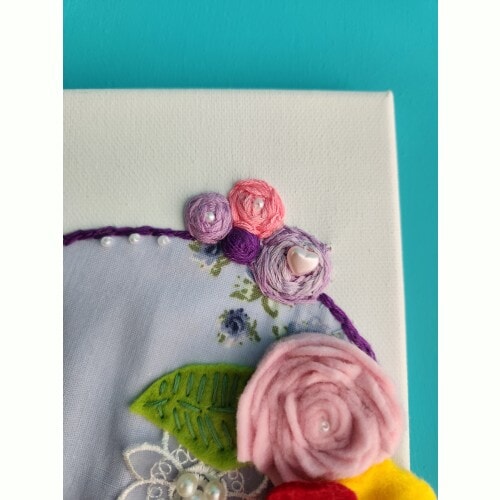 Heart Canvas Wall Art, with embroidery, pretty fabric, felt flowers and embellishments - Image 7