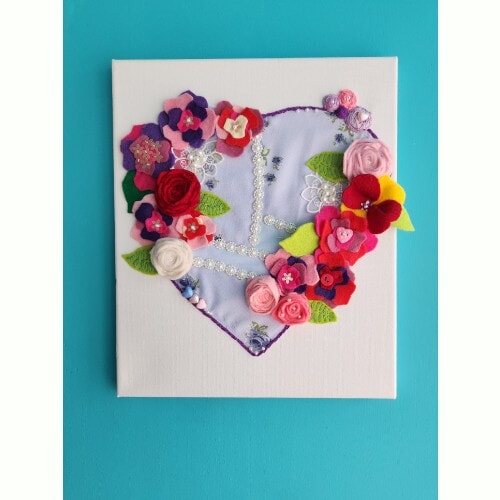 Heart Canvas Wall Art, with embroidery, pretty fabric, felt flowers and embellishments