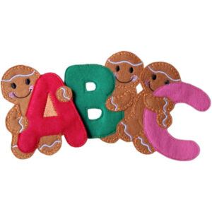 Three smiling A–Z Alphabet Initial Gingerbread Characters, each holding a colourful alphabet letter: a red A, a green B, and a pink C.