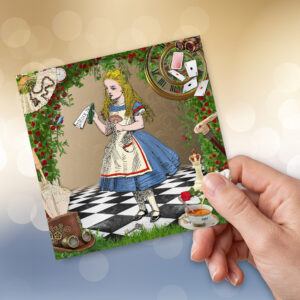 Alice card on blue and gold bokeh
