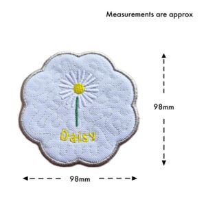 Embroidered daisy candle coaster with scalloped edge, showing approximate size of 98mm by 98mm, featuring a single white daisy with yellow centre and green stem on a white background.