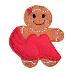 Felt gingerbread ballroom dancing lady with a smiling face, red flowing dress, pearl-style stitched necklace, and a small flower in her hair.