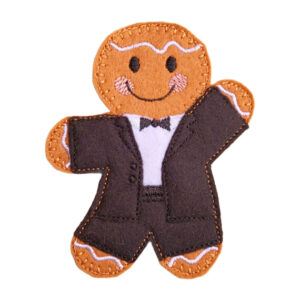 Felt gingerbread ballroom dancing man with a smiling face, wearing a stitched tuxedo with a bow tie and waving one arm.