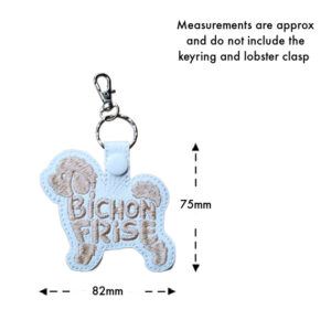 Embroidered Bichon Frise word art keyring made from faux leather, shown with measurement guide. The Bichon Frise dog silhouette features the words “Bichon Frise” stitched into the body, with approximate dimensions of 82mm wide and 75mm high, not including the keyring and lobster clasp.