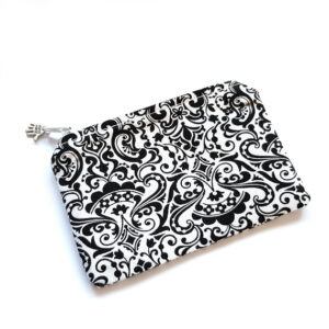 Black And White Filigree Zipper Pouch - Handmade Coin Purse Card Holder And Small Essentials Organiser
