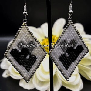 Miyuki Delica Beaded Heart Earrings, Black Heart Dangle Earrings, Handwoven Seed Bead Earrings, Geometric Beadwork Jewellery, Romantic Gift.