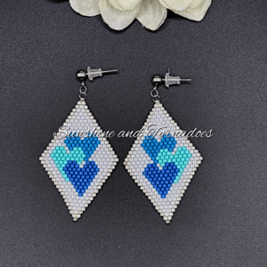 Miyuki Delica Beaded Heart Earrings, Blue Heart Dangle Earrings, Handwoven Seed Bead Earrings, Geometric Beadwork Jewellery, Romantic Gift.