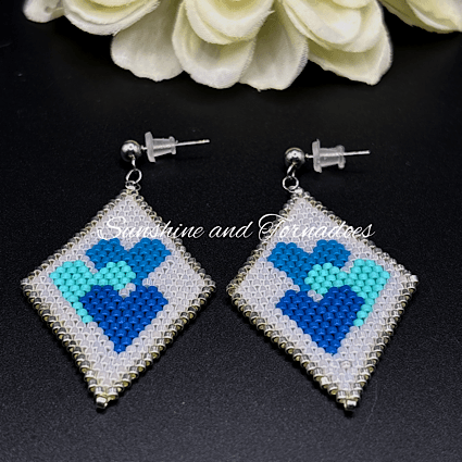 Miyuki Delica Beaded Heart Earrings, Blue Heart Dangle Earrings, Handwoven Seed Bead Earrings, Geometric Beadwork Jewellery, Romantic Gift. - Image 3