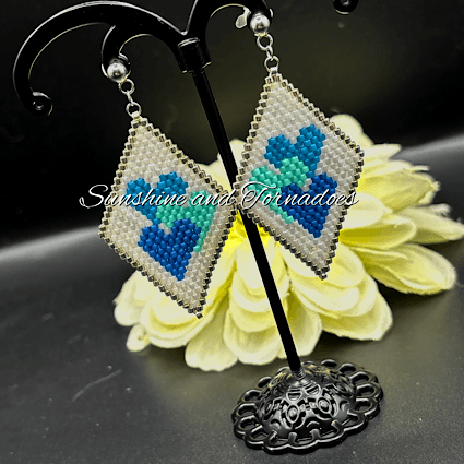 Miyuki Delica Beaded Heart Earrings, Blue Heart Dangle Earrings, Handwoven Seed Bead Earrings, Geometric Beadwork Jewellery, Romantic Gift. - Image 5