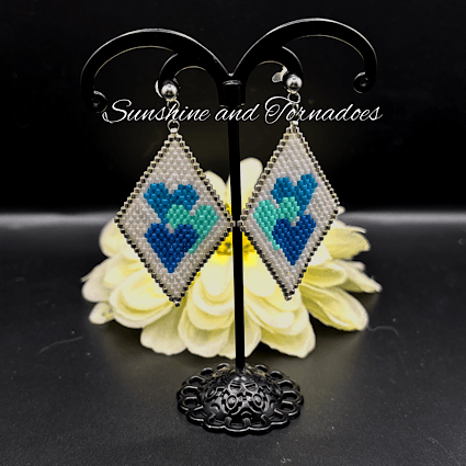 Miyuki Delica Beaded Heart Earrings, Blue Heart Dangle Earrings, Handwoven Seed Bead Earrings, Geometric Beadwork Jewellery, Romantic Gift. - Image 4