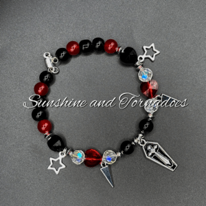 Red Black Coffin Bracelet, Gothic Beaded Bracelet, Alternative Charm Bracelet, Coffin Star Jewellery, Punk Gothic Gift, Magnetic Clasp Bracelet.