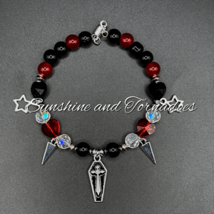 Red Black Coffin Bracelet, Gothic Beaded Bracelet, Alternative Charm Bracelet, Coffin Star Jewellery, Punk Gothic Gift, Magnetic Clasp Bracelet.