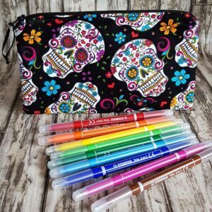 Colourful Sugar Skull Zipper Pouch - Medium Size Day of the Dead Makeup Bag Pencil Case And Travel Organiser