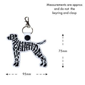 Dalmatian word art keyring in a standing dog silhouette, embroidered in black thread on white faux leather with the word “Dalmatian” forming the body and spot pattern. Measurement guide shows the design approximately 95mm wide and 75mm tall, not including the keyring and clasp.