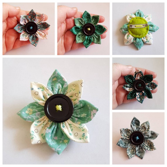 Eco-Friendly Green Fabric Flower Brooches - Handmade Button Pins for Sustainable Style