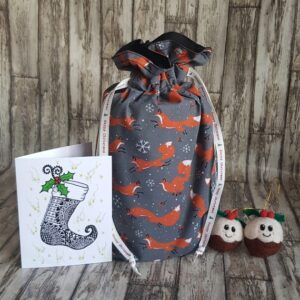 Eco-Friendly Reusable Christmas Gift Bag - Christmas Foxes Print - Fully Lined Fabric Drawstring Bag
