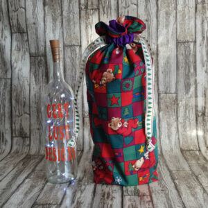 Eco-Friendly Reusable Christmas Gift Bag - Christmas Teddy Bears Print - Fully Lined Fabric Drawstring Bag