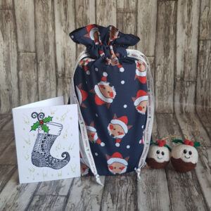Eco-Friendly Reusable Christmas Gift Bag - Foxy Santa Print - Fully Lined Fabric Drawstring Bag