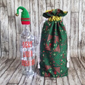 Eco-Friendly Reusable Christmas Gift Bag - Red Green and Gold Holiday Patchwork - Fully Lined Drawstring Bag
