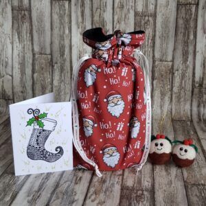 Eco-Friendly Reusable Christmas Gift Bag - Santa Print - Fully Lined Fabric Drawstring Bag
