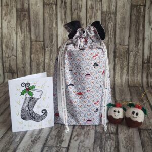 Eco-Friendly Reusable Christmas Gift Bag - Snowman Faces Print - Fully Lined Cotton Drawstring Bag