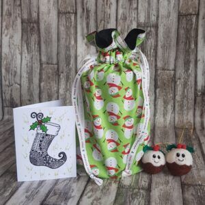 Eco-Friendly Reusable Christmas Gift Bag - Snowman Print - Fully Lined Fabric Drawstring Bag