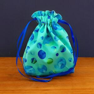 Eco-Friendly Reusable Gift Bag - Handmade Blue Batik Spots Drawstring Pouch