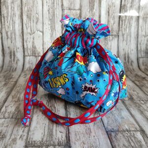 Eco-Friendly Reusable Gift Bag - Handmade Comic Book Sounds Drawstring Pouch with Striped Lining