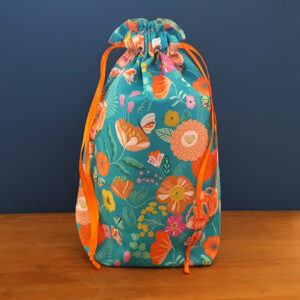 Eco-Friendly Reusable Gift Bag - Handmade Flowers and Butterflies Drawstring Pouch with Orange Ribbon